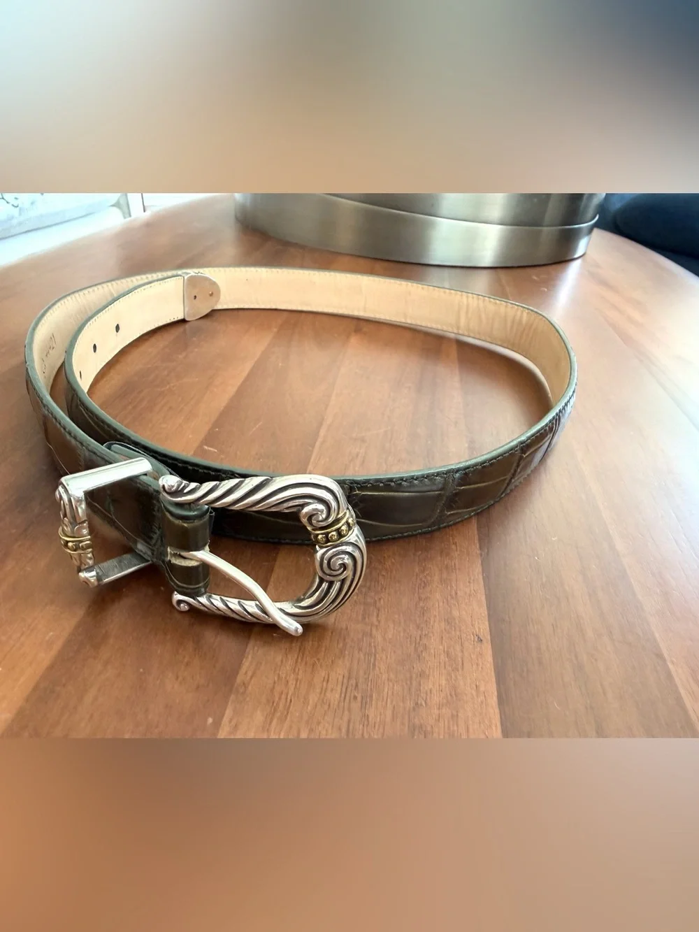 Brighton Olive Green Leather Belt Ornate Silver Gold Hardware M/L 32